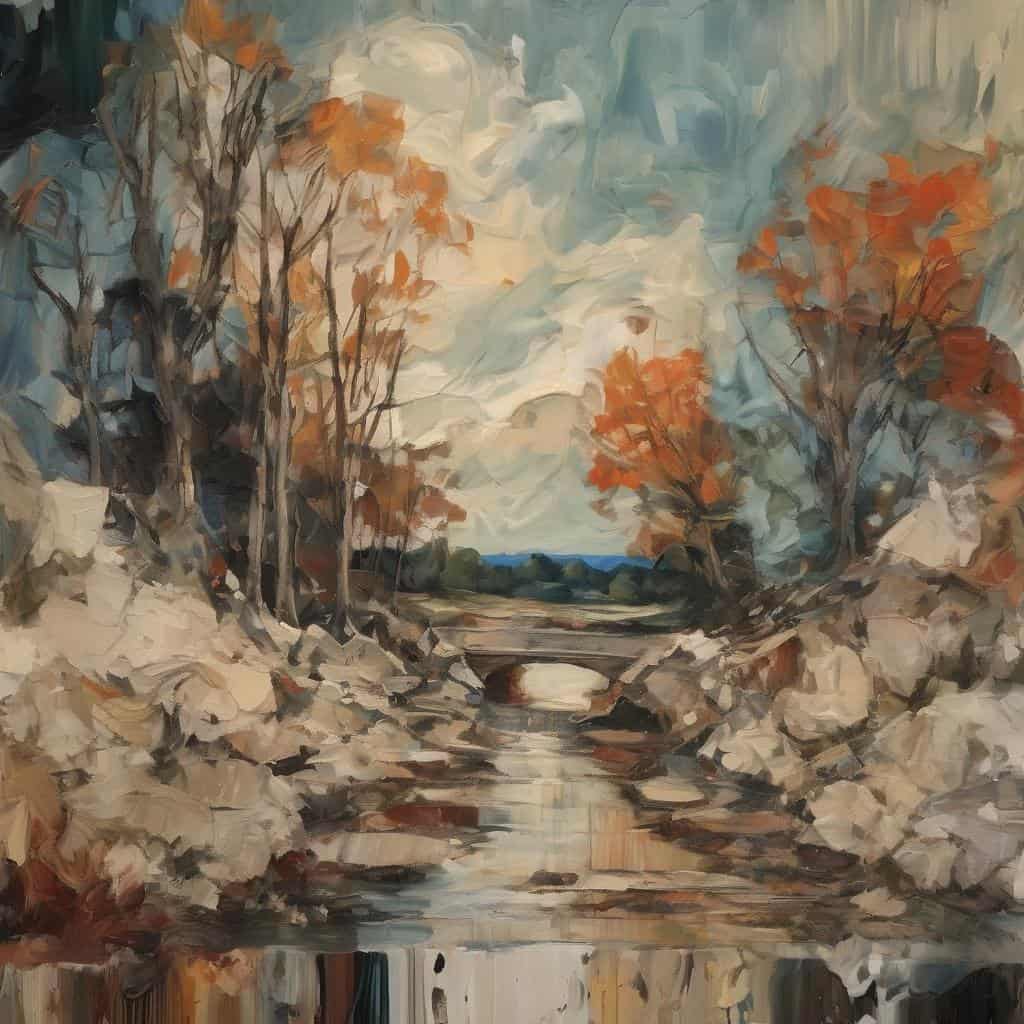Λίμνη με ποτάμι και γέφυρα κάτω από τα δέντρα σε φθινοπωρινά χρώματα, σε ρουστίκ τοπίο με σύνθετες αποχρώσεις, ελαιογραφία δρόμου από την εξέλιξη των υλικών στην τέχνη, πετρώδης σχηματισμός και φύση.