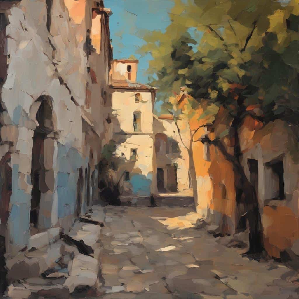 Παραδοσιακά οικοδομικά υλικά σε μια γραφική αθηναϊκή γειτονιά, ζωγραφισμένα με εντυπωσιακό στυλ που αναδεικνύει την εξέλιξη των υλικών στην τέχνη και την αρχιτεκτονική.