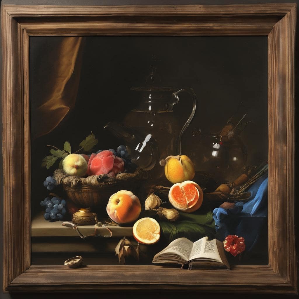 Φωτογραφία ενός ρεαλιστικού έργου τέχνης που απεικονίζει την εξέλιξη των υλικών στην τέχνη, με φρούτα, βιβλίο και παραδοσιακά υλικά, σε ξύλινο πλαίσιο, αναδεικνύοντας τις τεχνικές και τις καινοτομίες στην τέχνη.