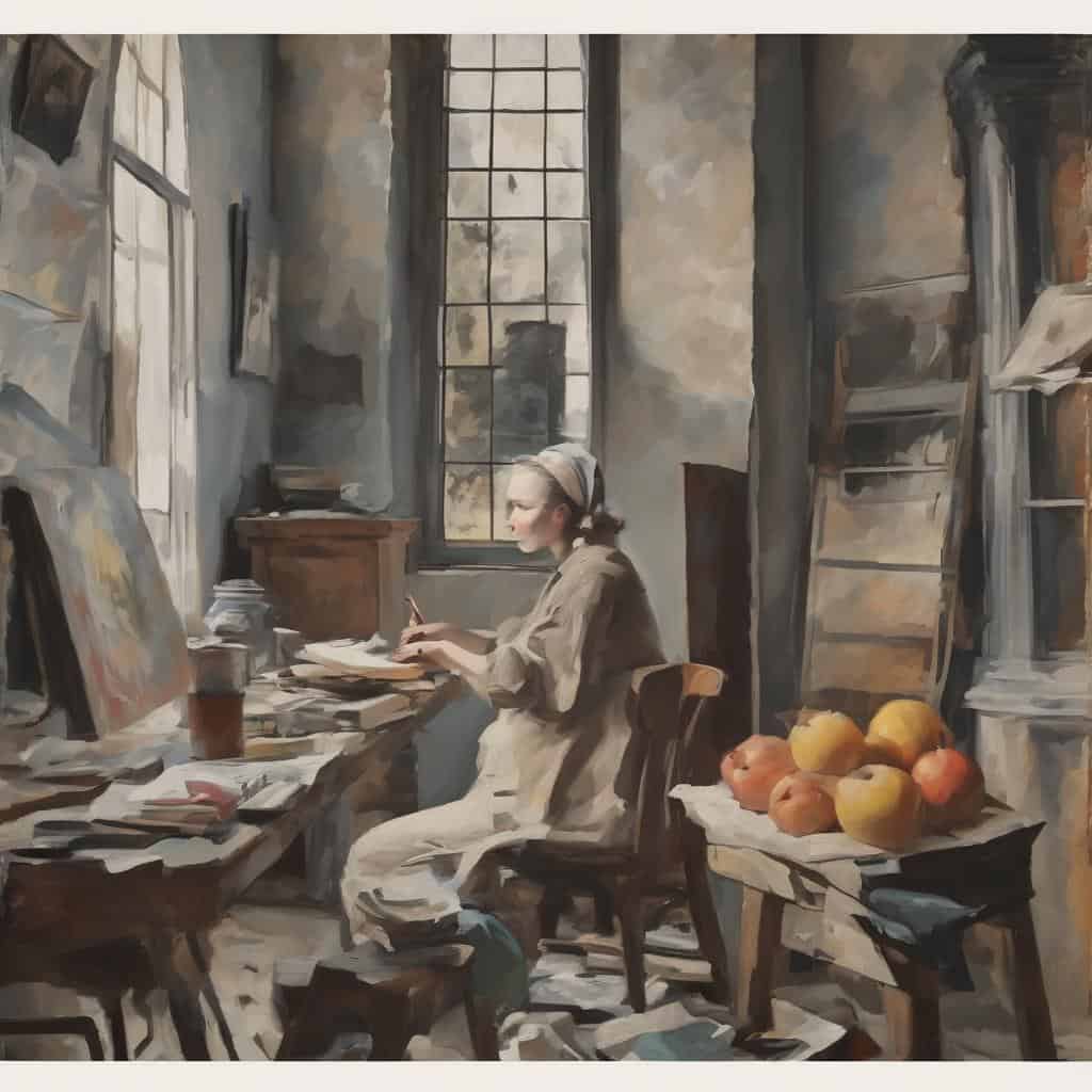 Παραδοσιακός καμβάς με καλλιτέχνιδα σε στούντιο ζωγραφικής, εργαλεία και φρούτα, αναδεικνύοντας την εξέλιξη των υλικών στην τέχνη.