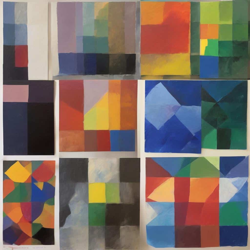 Πίνακες σύγχρονης τέχνης με έμφαση στην εξέλιξη των υλικών στην τέχνη, με αφαιρετικά γεωμετρικά σχέδια και έντονα χρώματα, αναδεικνύοντας την ιστορία και τον ρόλο των υλικών στην τέχνη.