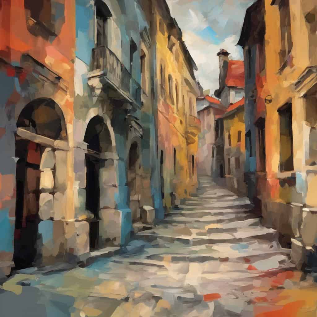 Παραδοσιακά και σύγχρονα υλικά στην τέχνη, αποτυπωμένα σε ένα χρωματιστό σκηνικό αρχαίας ευρωπαϊκής πόλης.