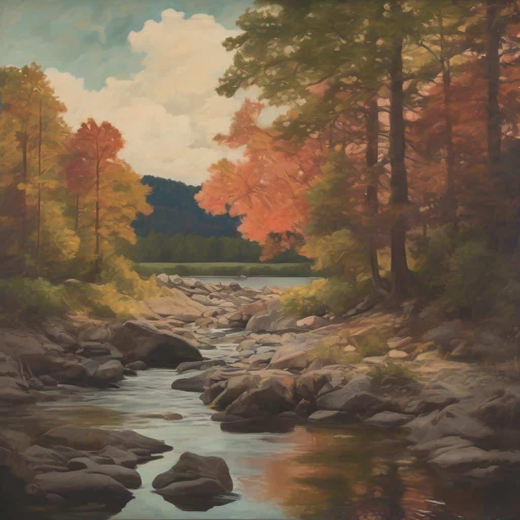 Χαρακτική εικόνα με έντονα χρώματα φθινοπώρου, ποτάμι και δάση, εκφραστική τέχνη που παρουσιάζει την εξέλιξη των υλικών στην τέχνη και την πρώτη ύλη της φύσης.